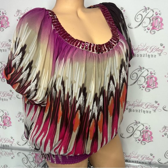 Bebe 100% silk top bling Jewel π rhinestone neckline boho ombrΓ© pattern bubble - Picture 13 of 16